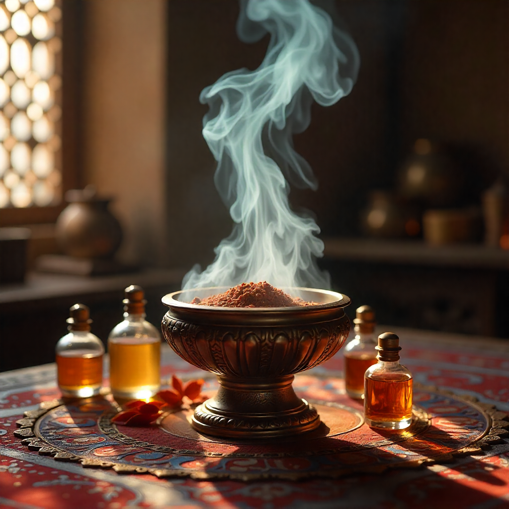 Incense burning in a bowl with smoke rising, surrounded by small bottles on a patterned surface.