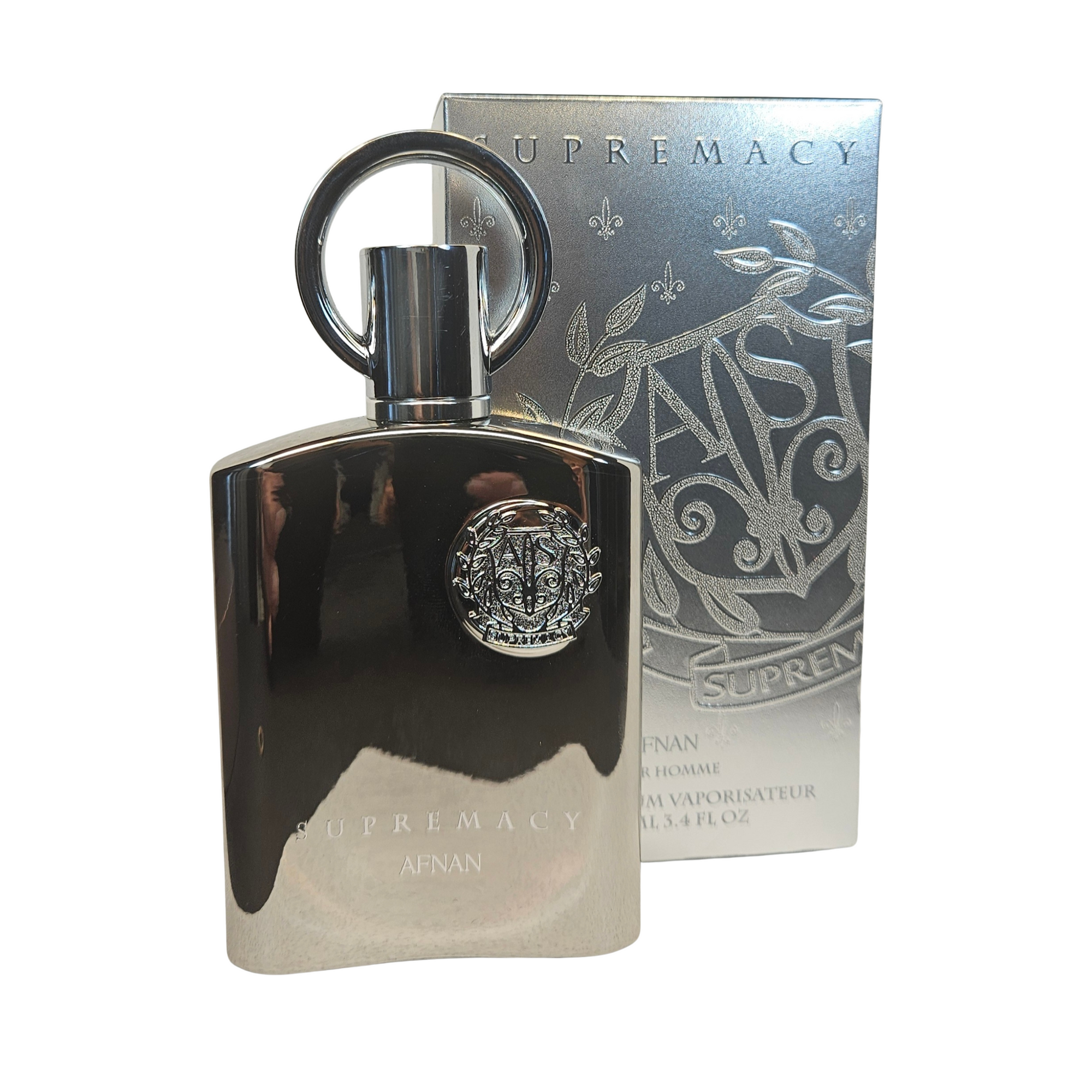 Supremacy by Afnan 100 ml front of perfume bottle and box on white background.