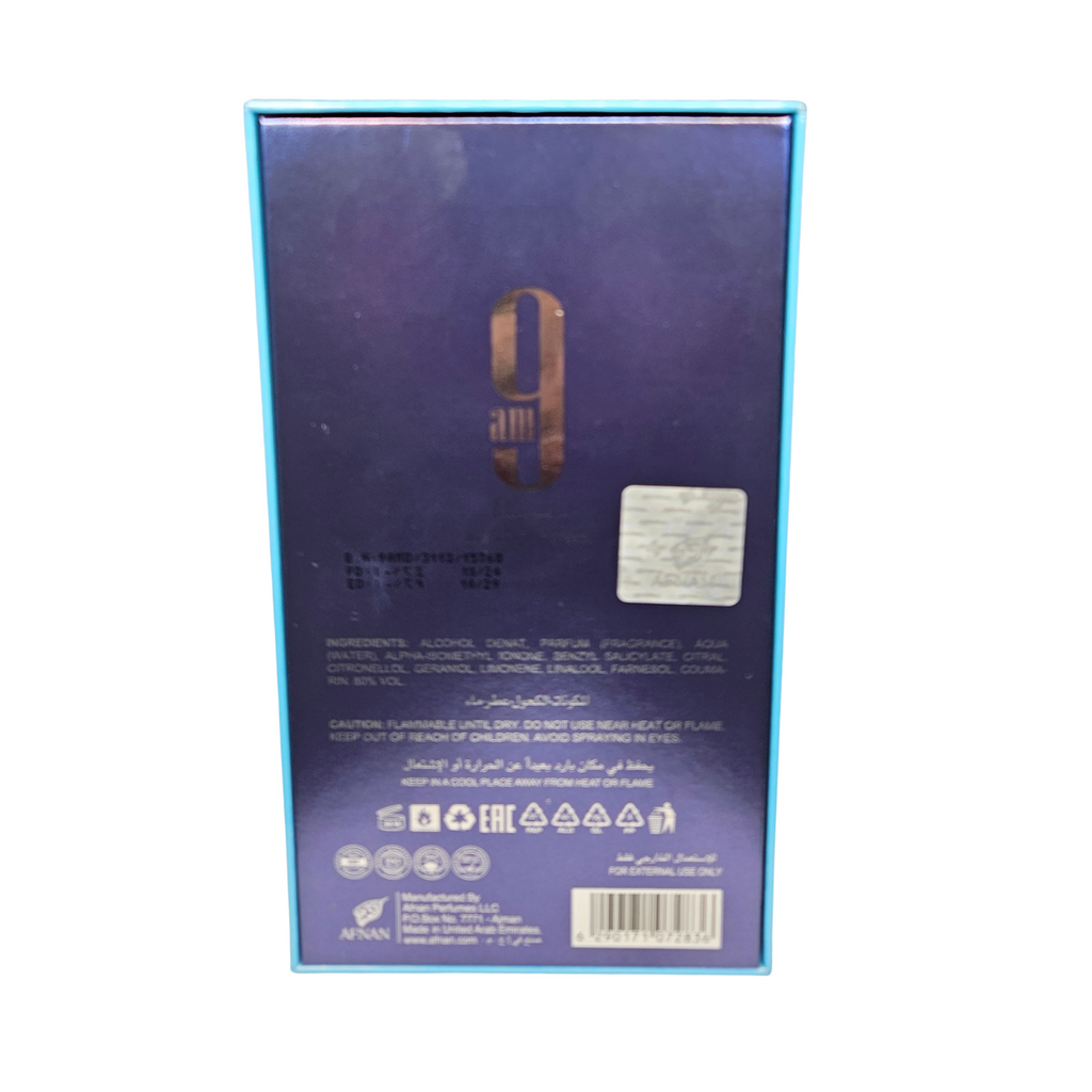 9 AM Dive by Afnan back of perfume box 100 ml with Afnan seal
