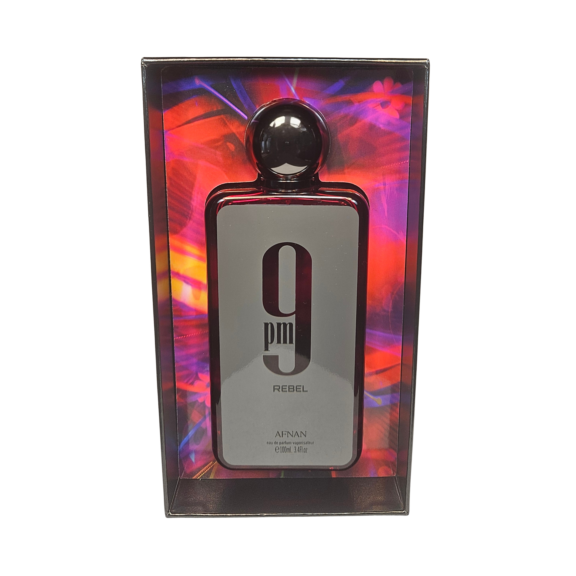 9 PM Rebel by Afnan front of perfume bottle in box 100 ml