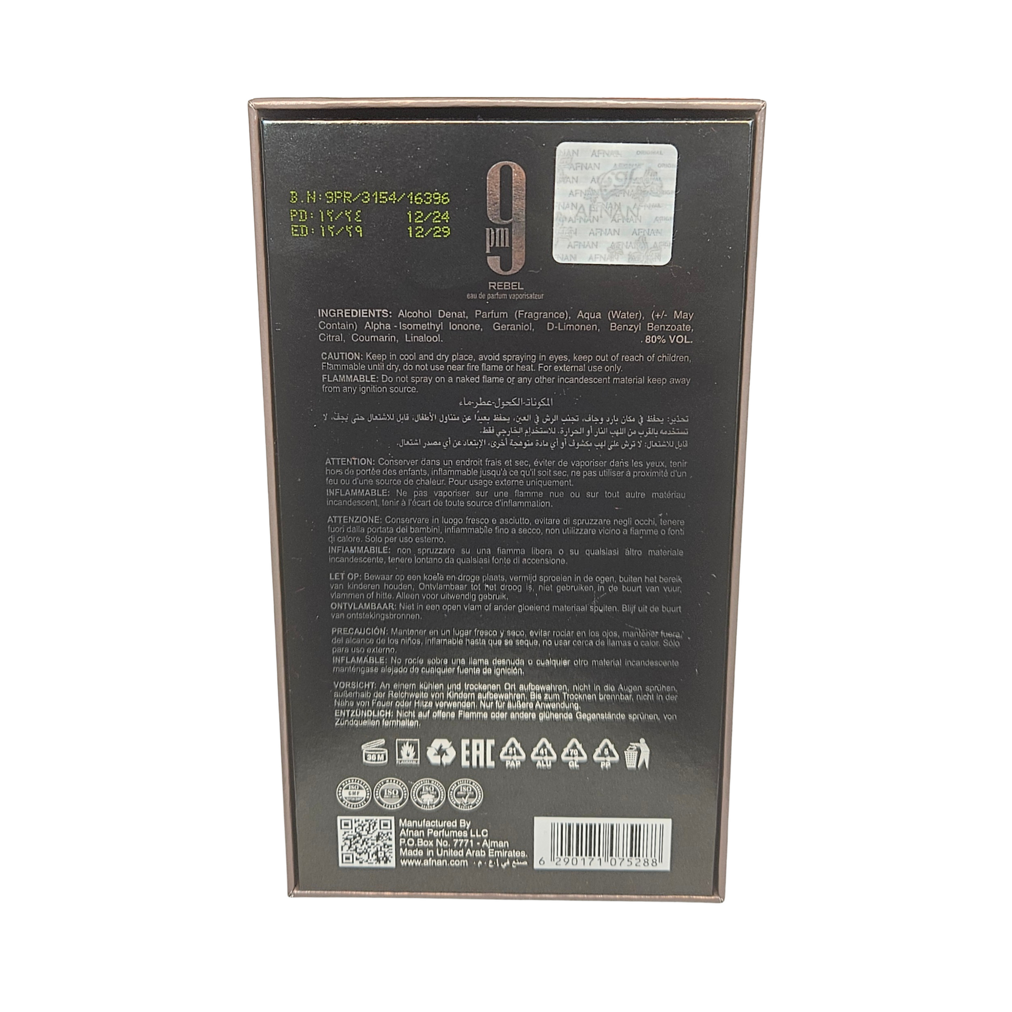 9 PM Rebel by Afnan back of perfume box 100 ml with afnan seal