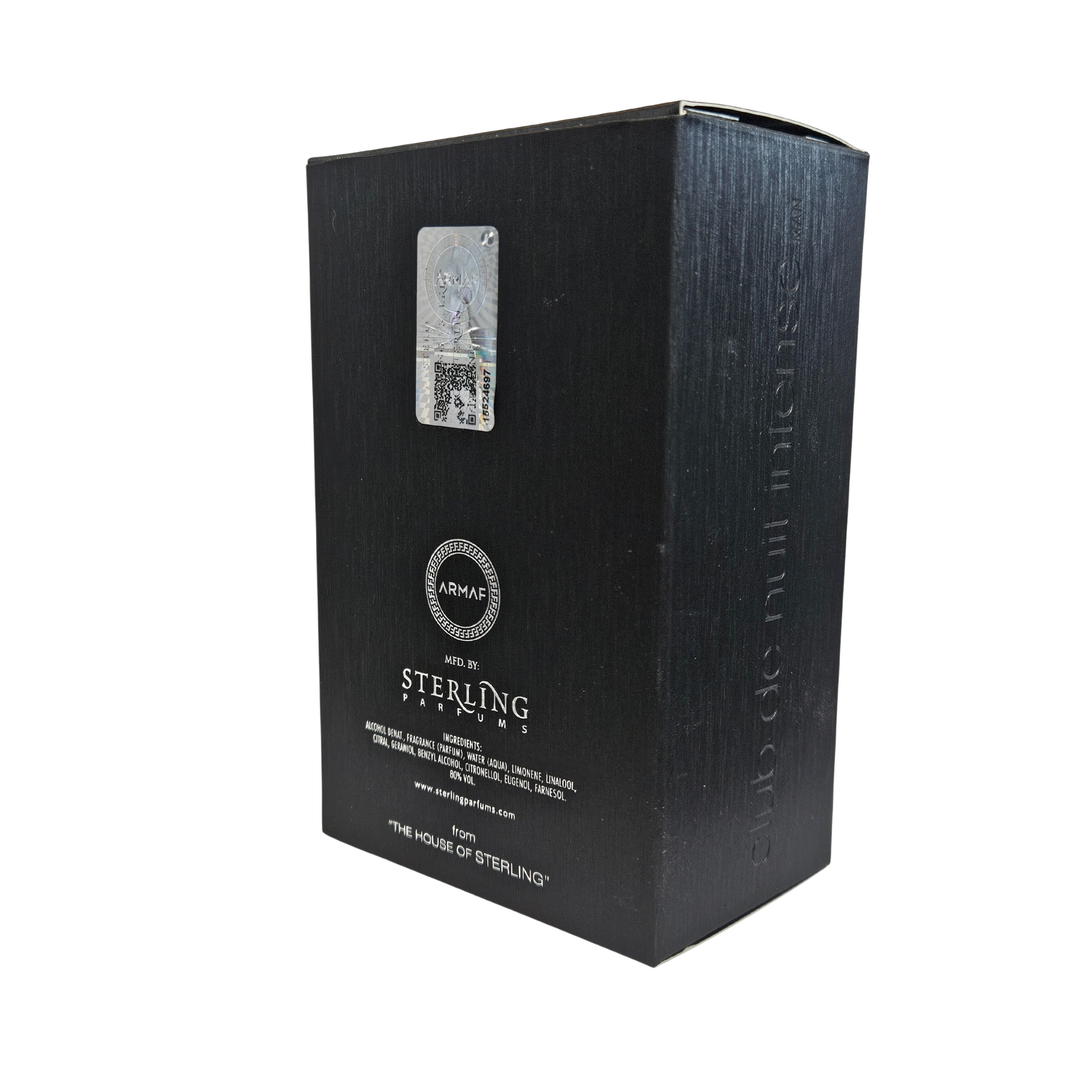 Black perfume box labeled 'Armaf 
club de nuit intense man eau de toilette' 105 ml, official Armaf seal