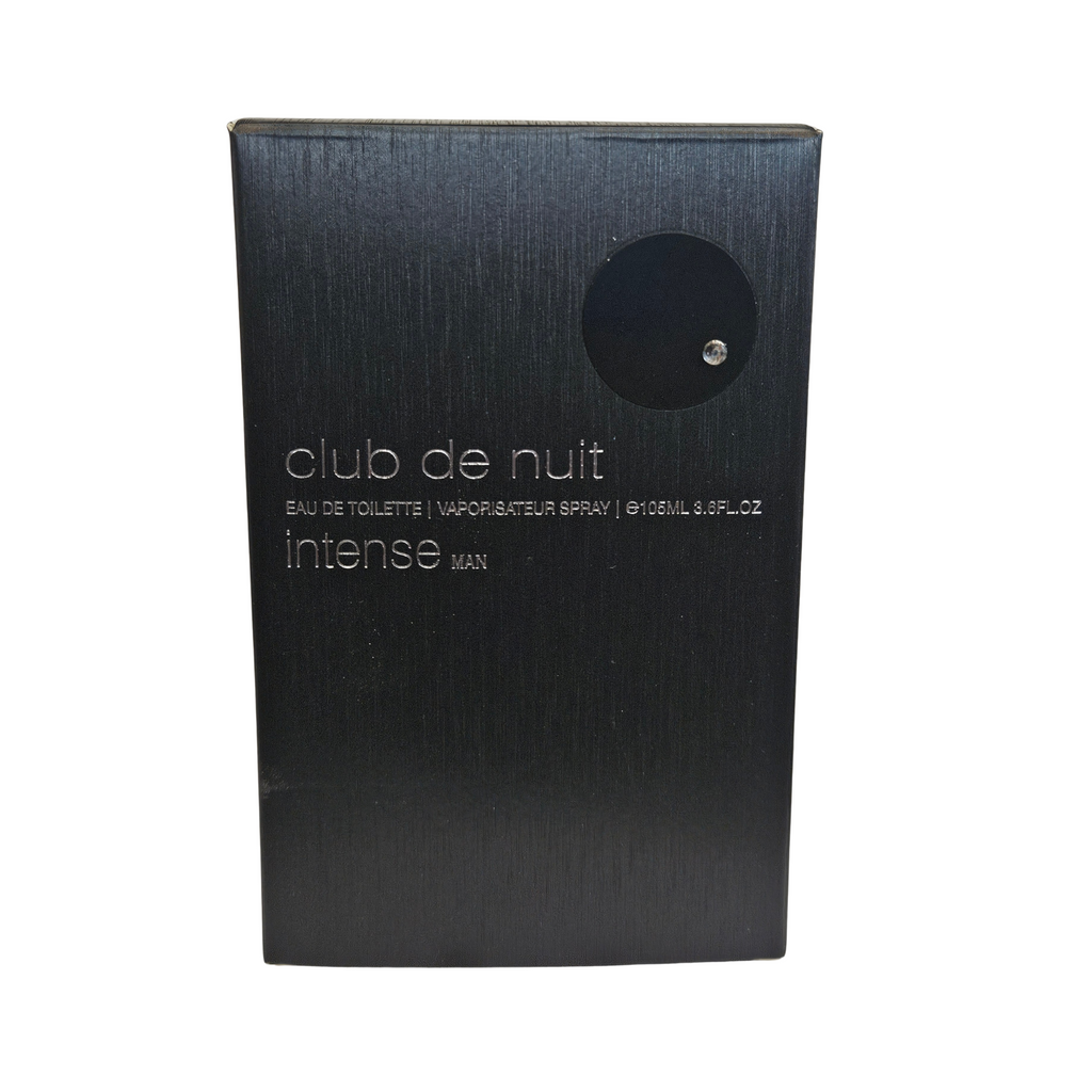 Black perfume box labeled 'Armaf 
club de nuit intense man eau de toilette' 105 ml