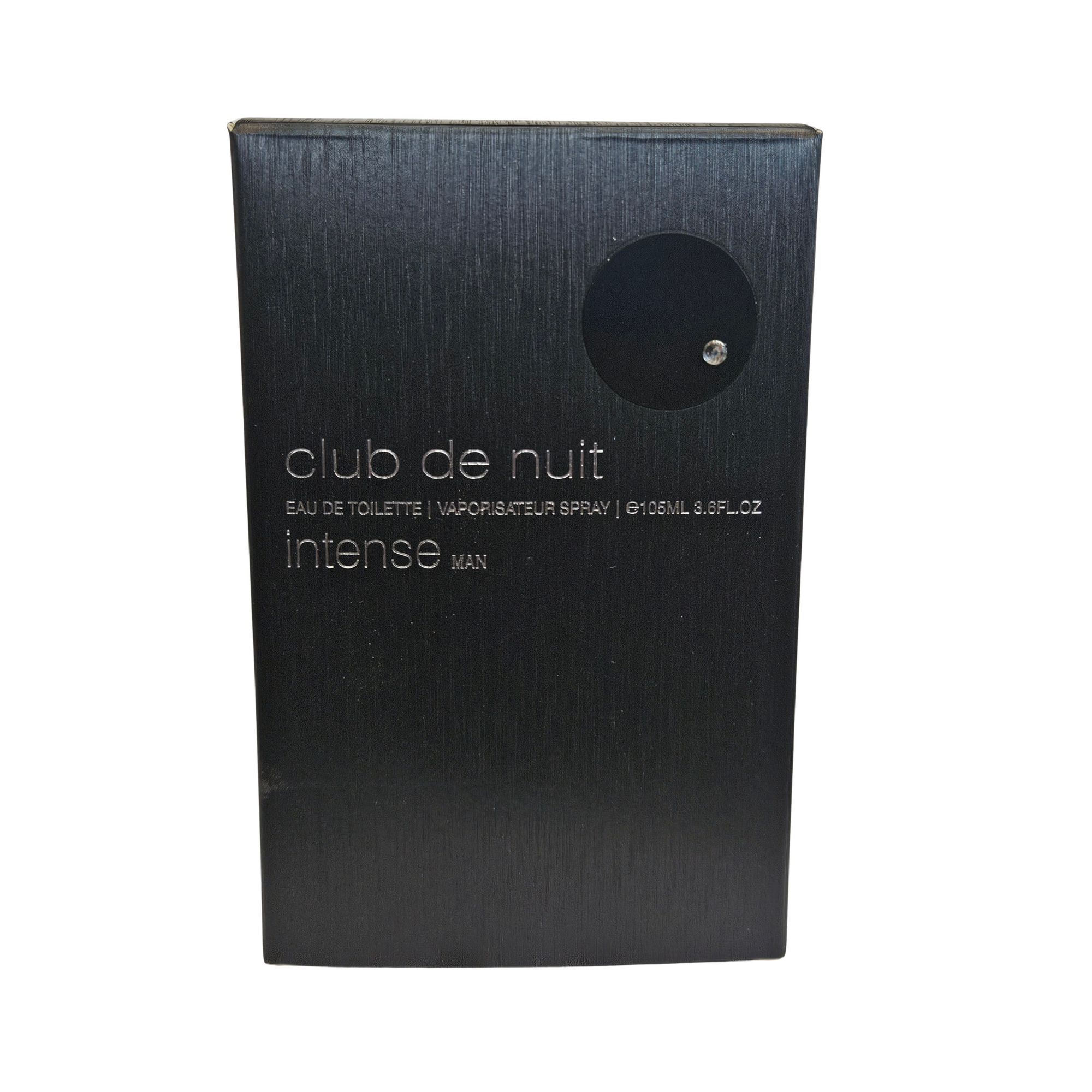 Black perfume box labeled 'Armaf 
club de nuit intense man eau de toilette' 105 ml
