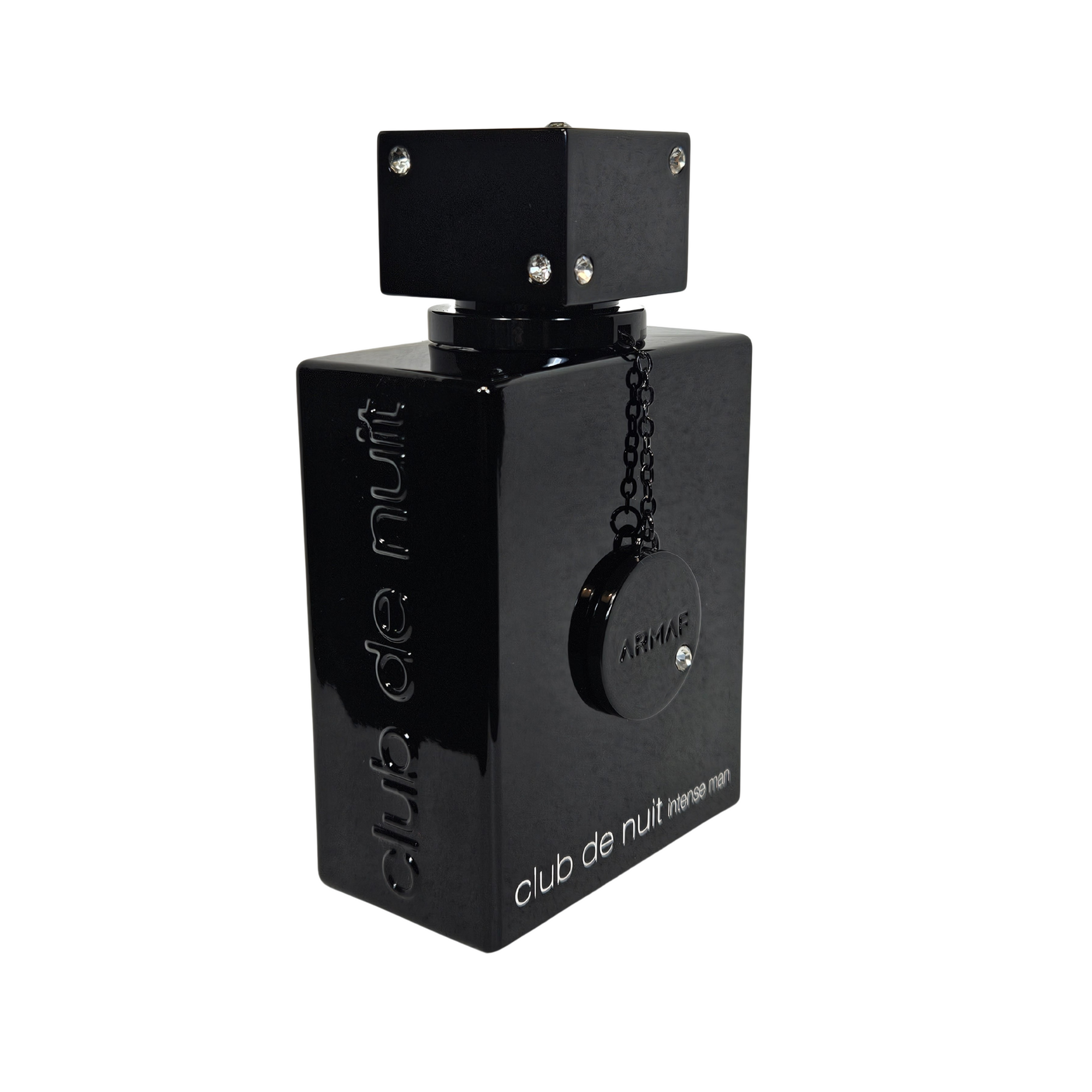 side of perfume bottle labeled 'Armaf 
club de nuit intense man' 105 ml on a white background