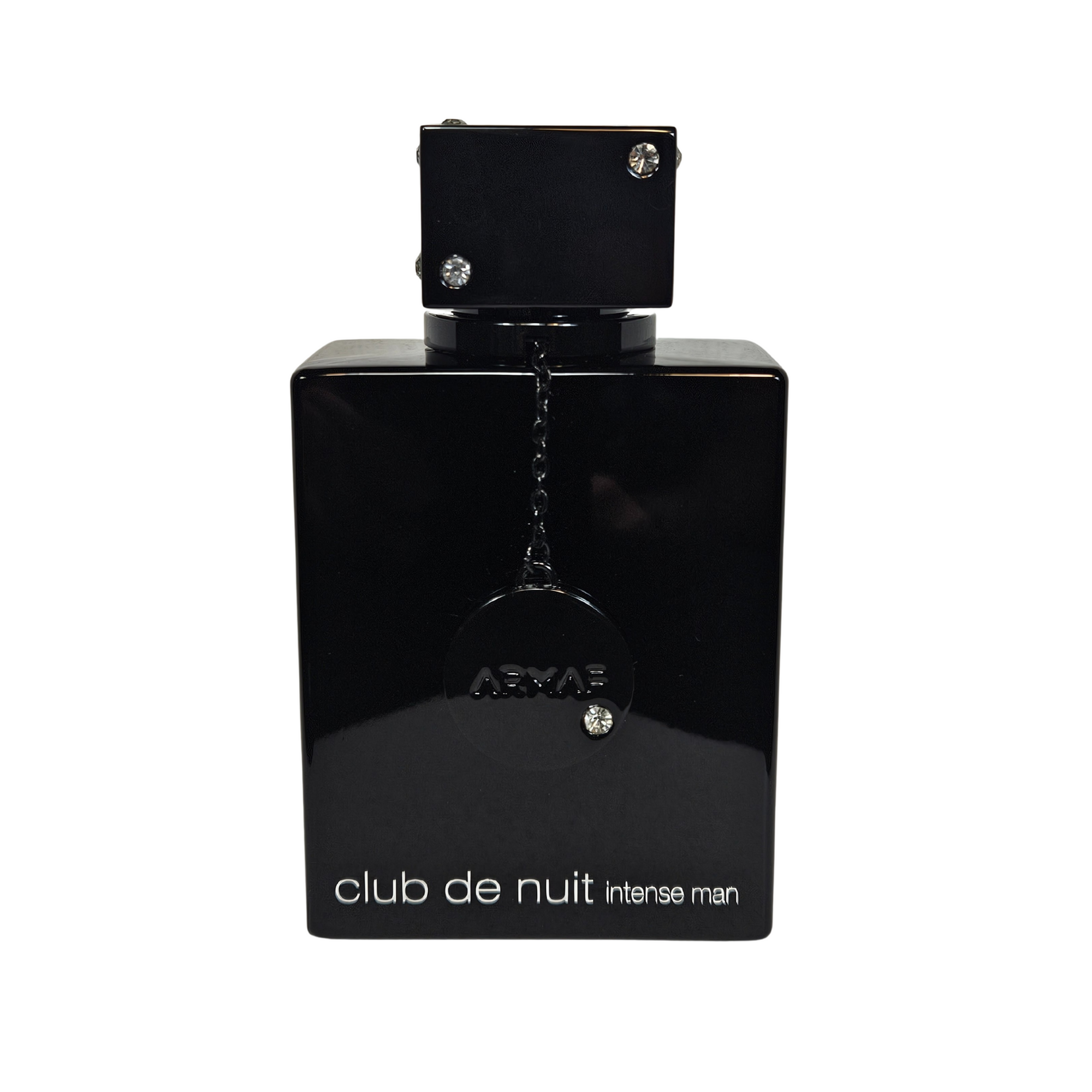 Black perfume bottle labeled 'Armaf 
club de nuit intense man' 105 ml on a white background