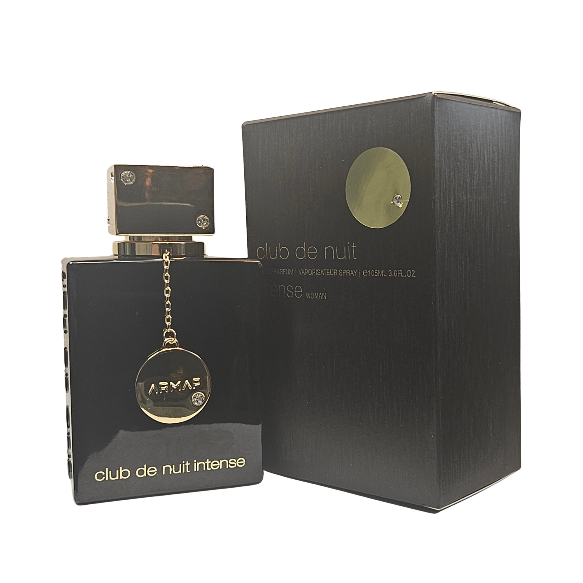 Club de Nuit Intense Woman by Armaf 105 ml perfume bottle next to the box on white background