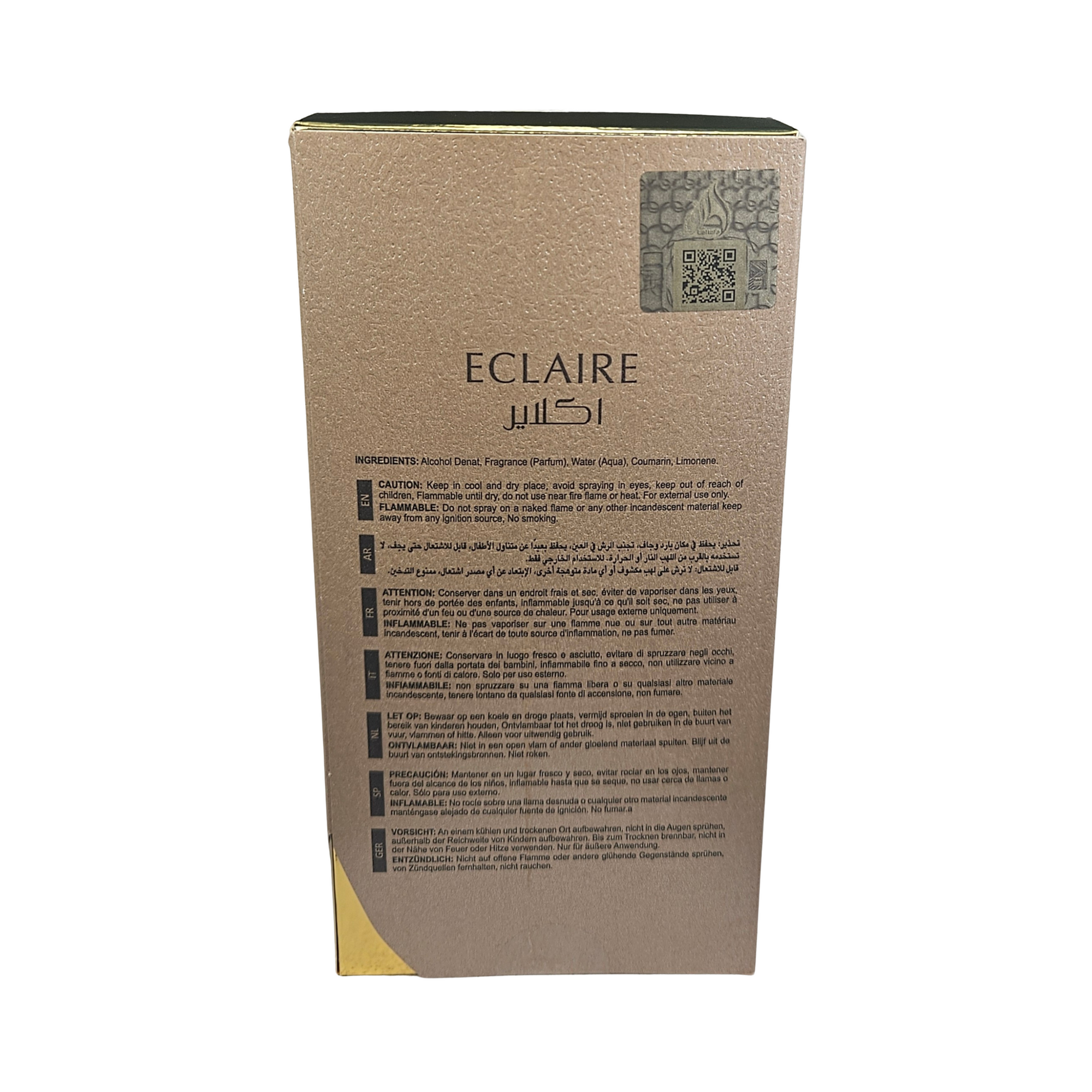 Lattafa Eclaire eau de parfum 100 ml back of perfume box on white background 