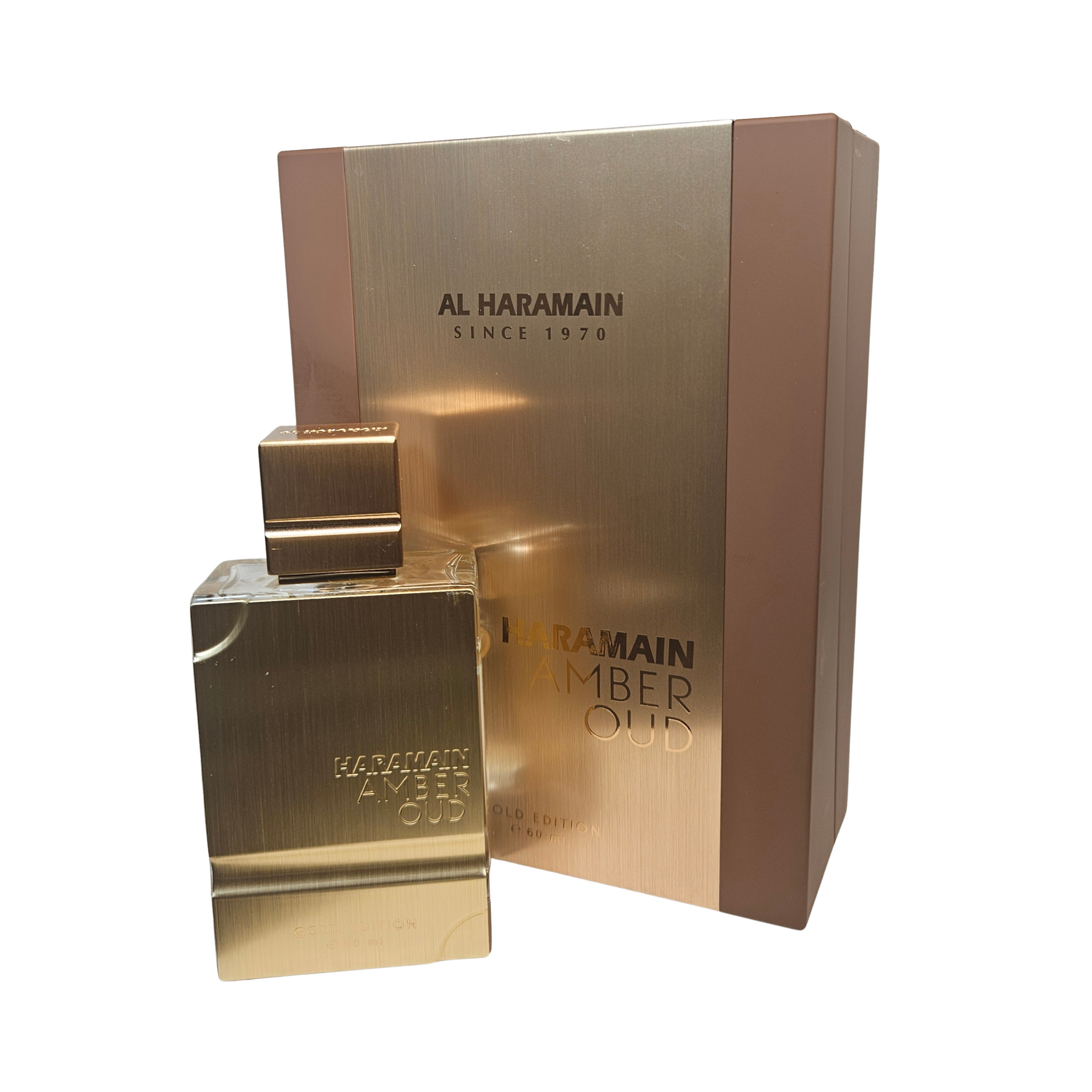 Gold Al Haramain Amber Oud perfume bottle and packaging on a white background