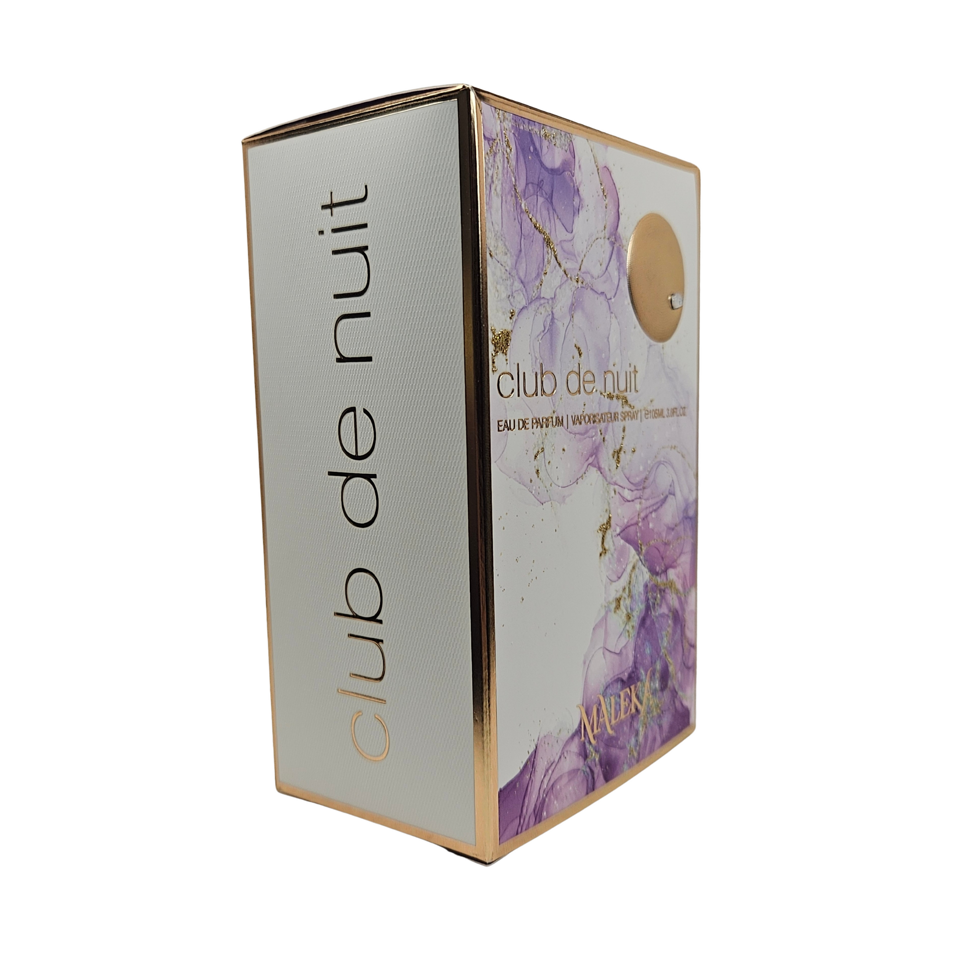 Club de Nuit Maleka by Armaf 105 ml side of perfume box on white background