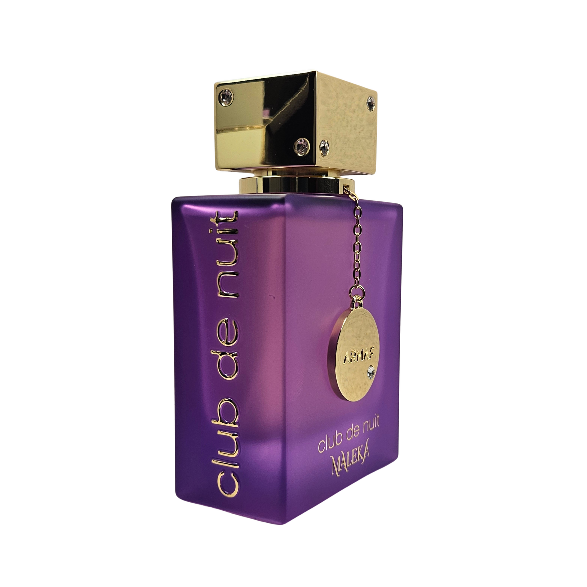 Club de Nuit Maleka by Armaf 105 ml side of perfume bottle on white background
