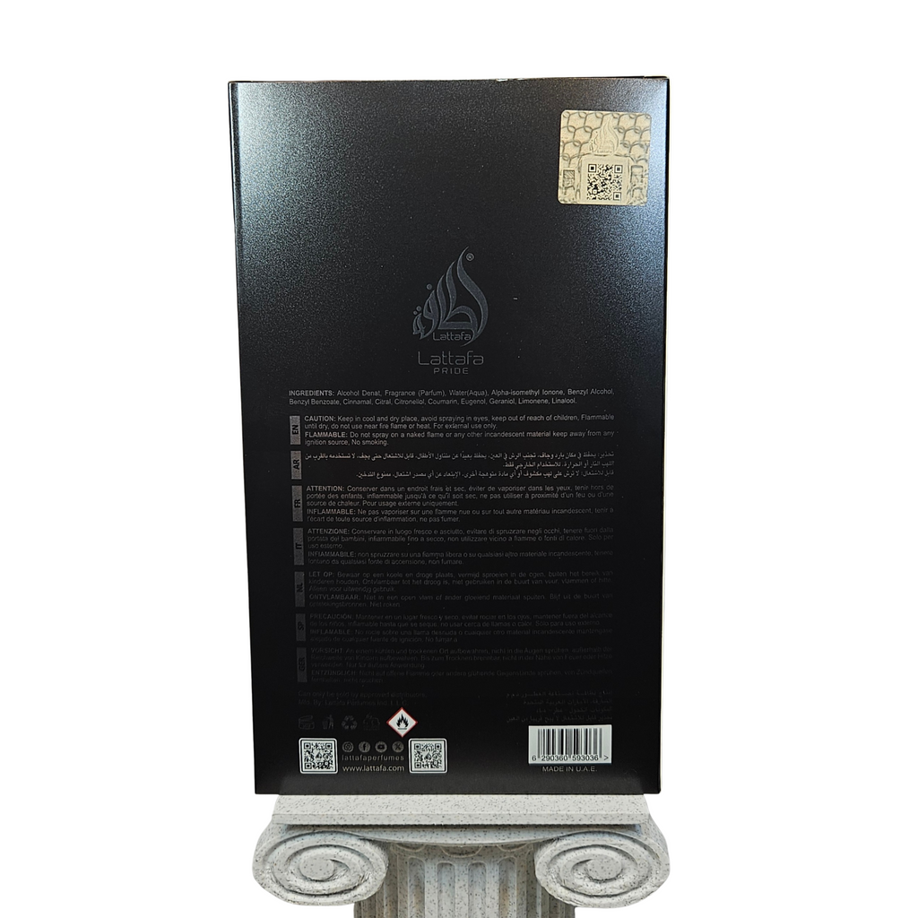 Lattafa Pride Pisa 100 ml Eau de Parfum back of perfume box with Lattafa seal white background