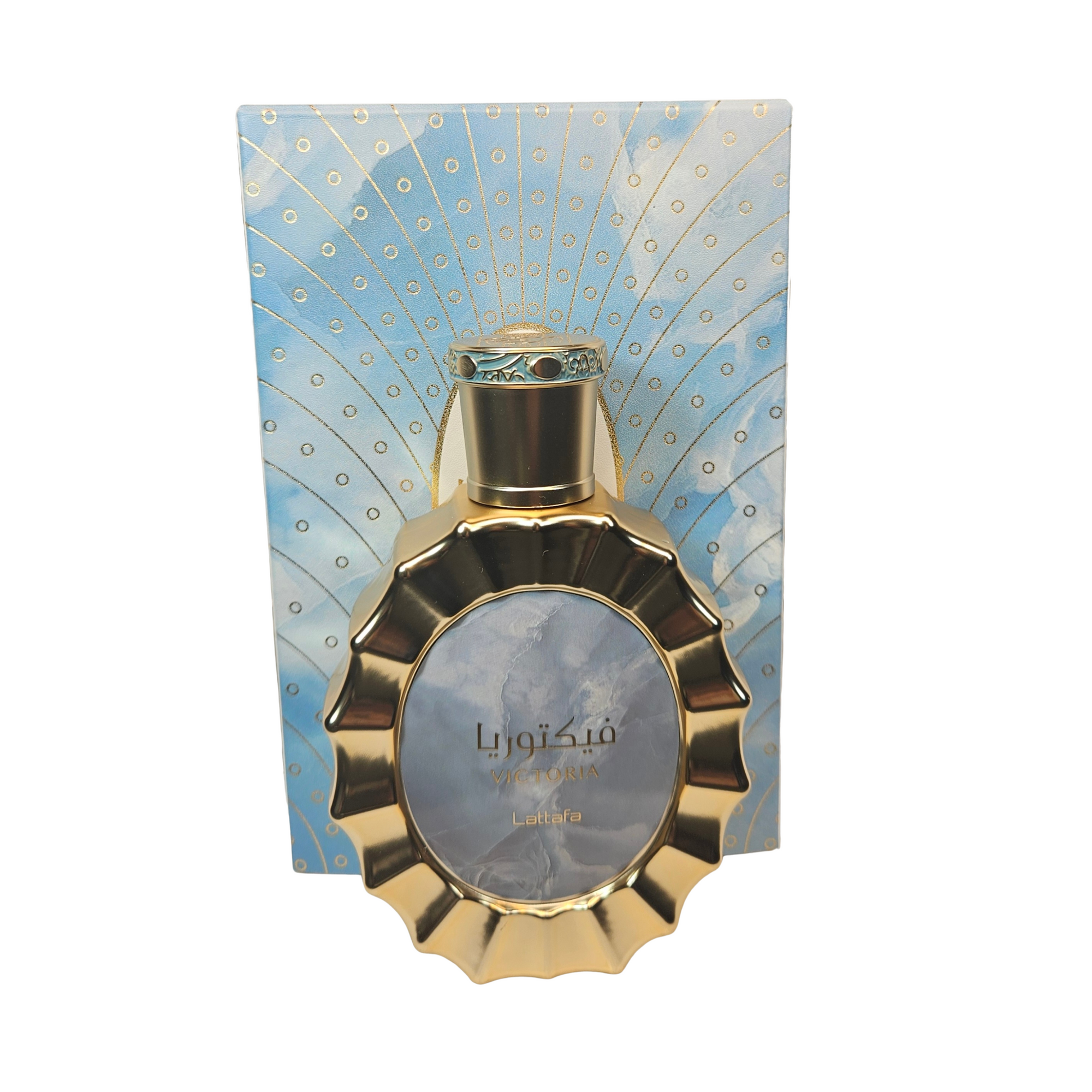 Lattafa Victoria 100 ml Eau de Parfum front of perfume bottle with box white background