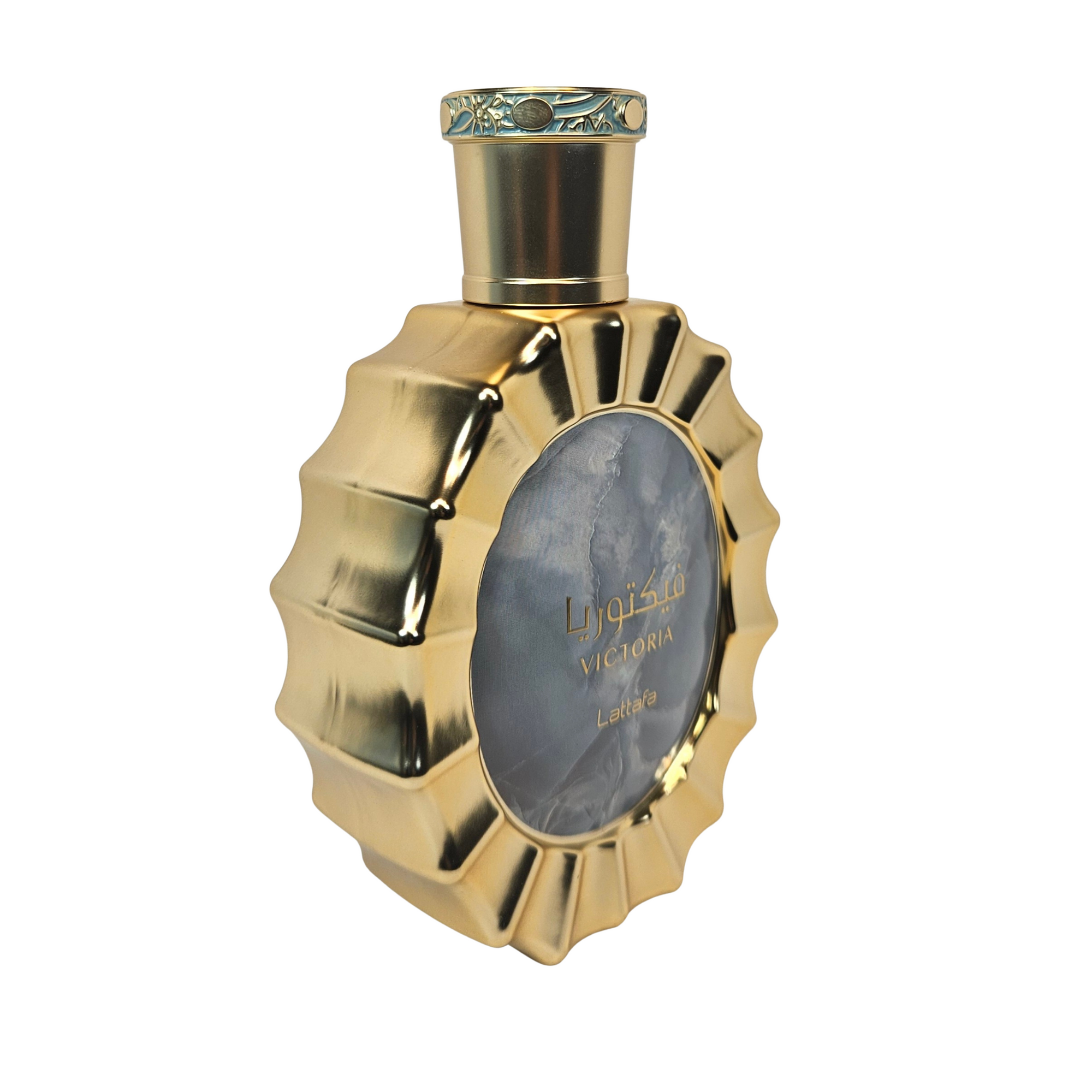Lattafa Victoria 100 ml Eau de Parfum side of perfume bottle white background