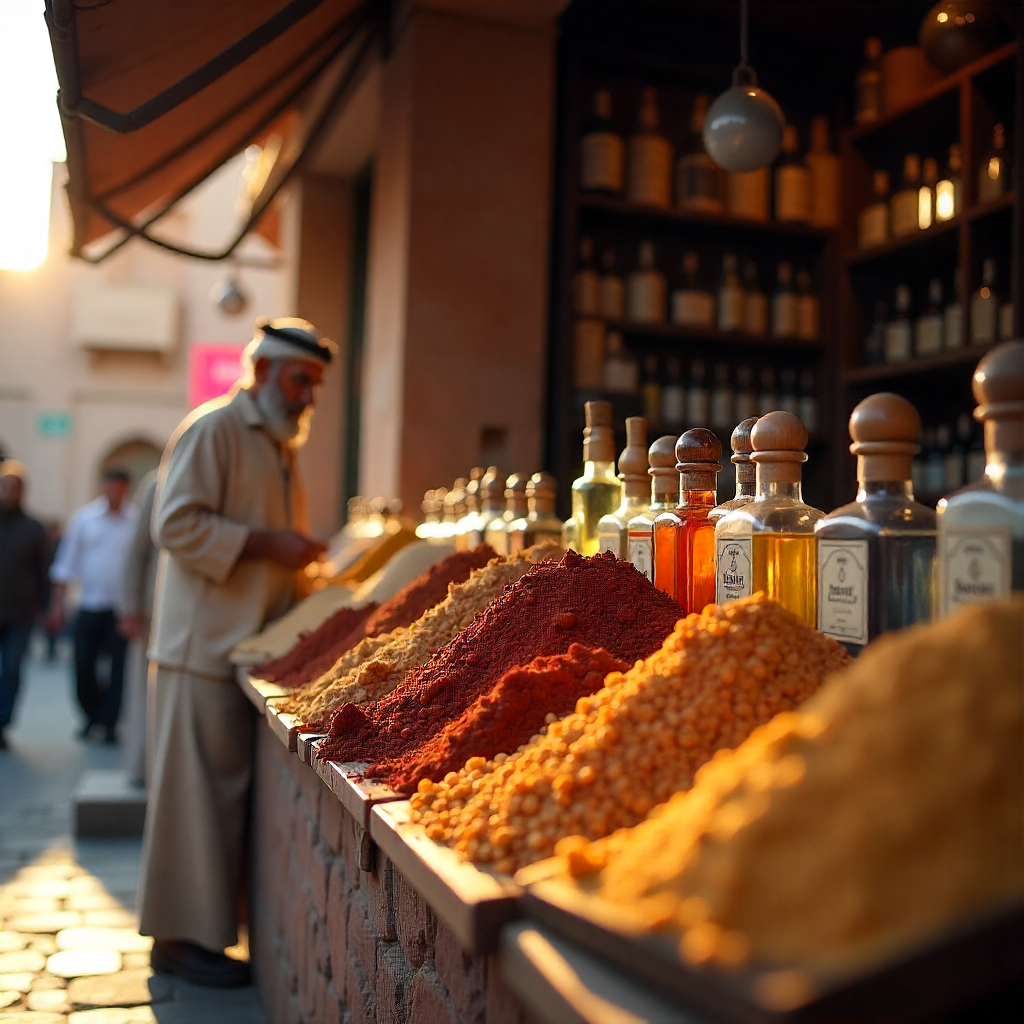 Spices and oils on display at a market stall with a person in traditional attire in the background.