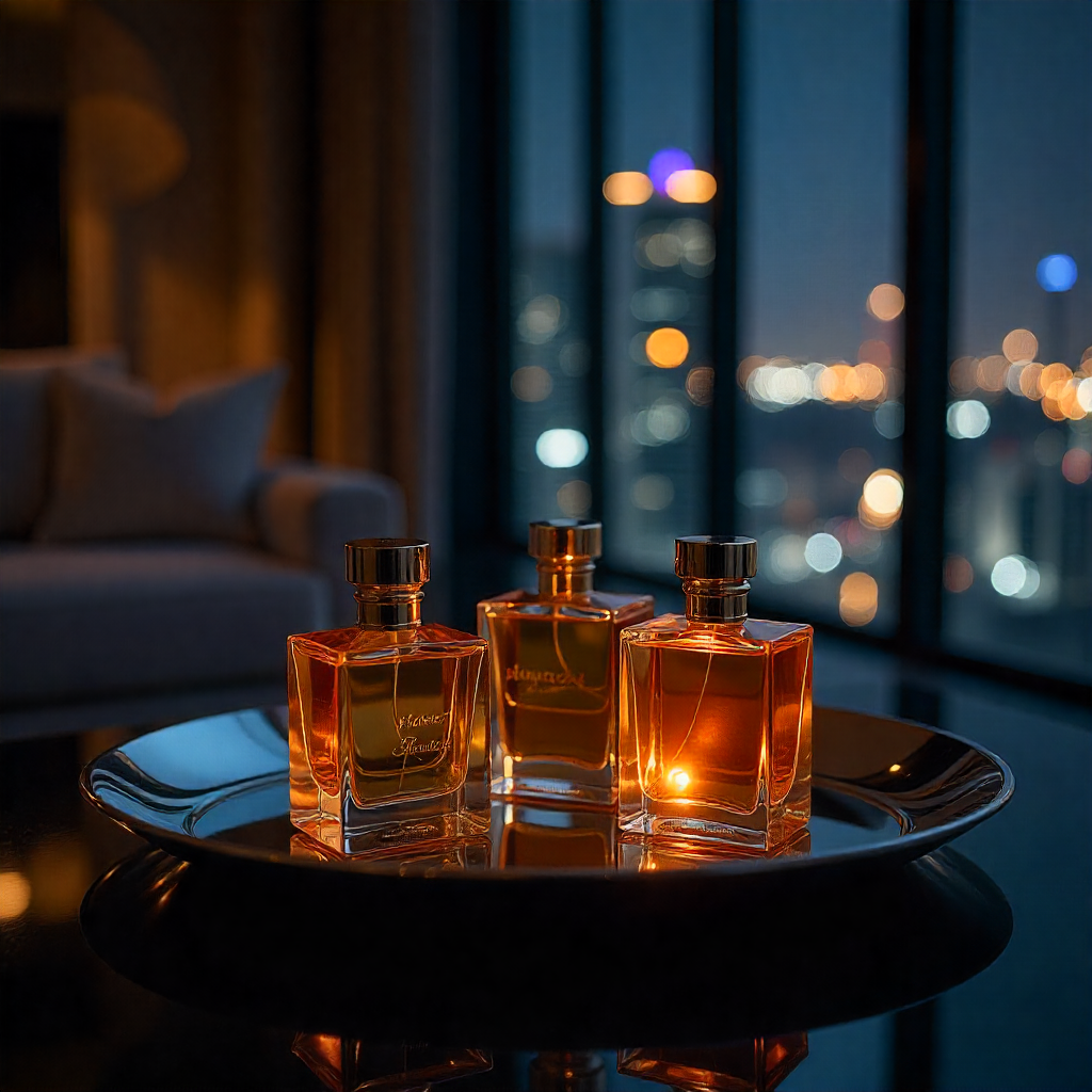 Three perfume bottles on a tray with a cityscape in the background