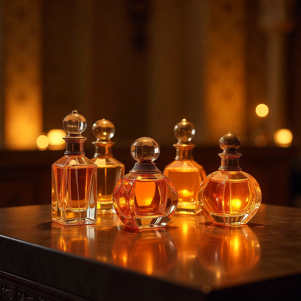 Five glass perfume bottles with gold caps on a reflective surface with a warm, blurred background.
