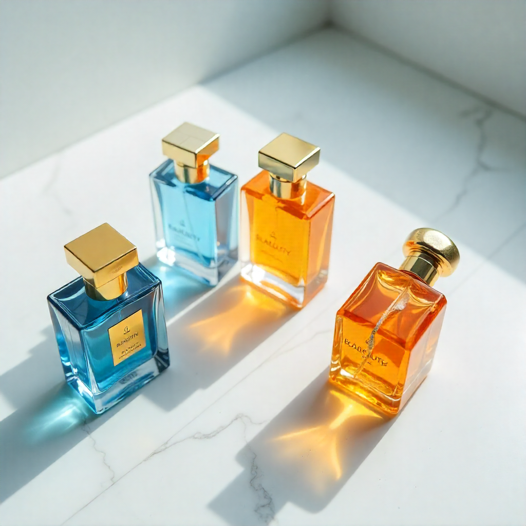 Four perfume bottles with gold caps on a light marble surface